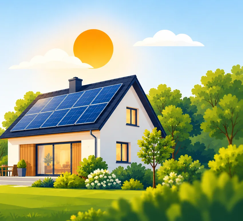 Ilustrace rodinného domu s fotovoltaickými panely na střeše za slunečného dne